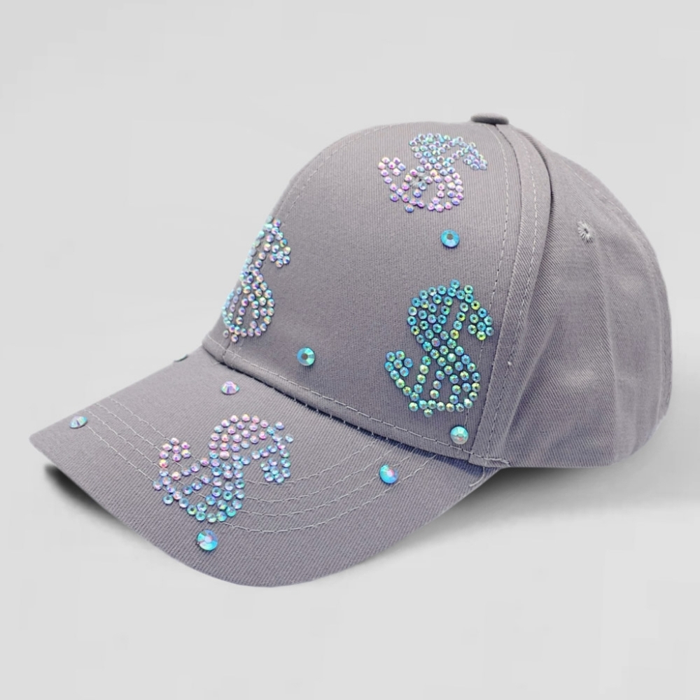 Gray Dollar Rhinestone Crystal Brimmed Baseball Cap Hat Fashion Bling Money